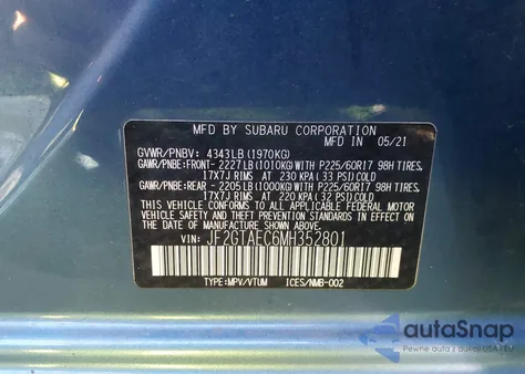 2021 Subaru Crosstrek Premium z USA, uszkodzony, nr VIN JF2GTAEC6MH352801